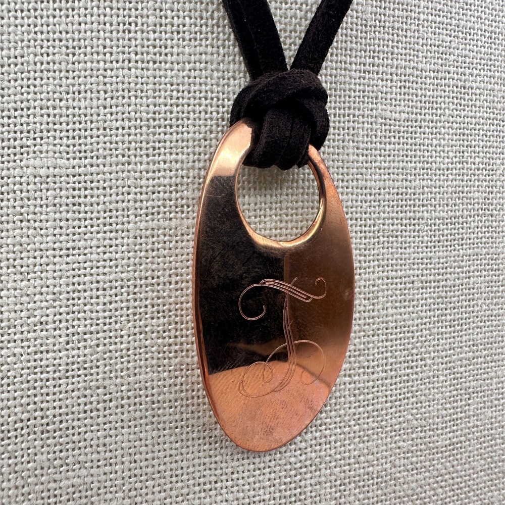 Vintage 90s Copper Monogram Initial T Pendant Necklace Black Suede Cord Jewelry